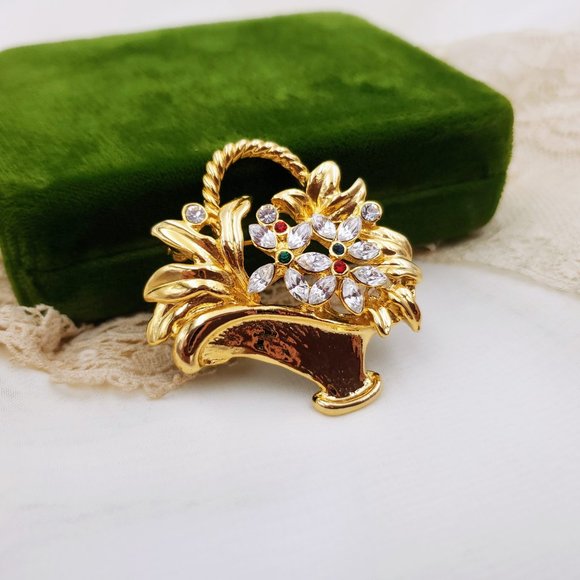Vintage Flower Basket Brooch Bouquet, Gold tone Plant Pin - Picture 6 of 9